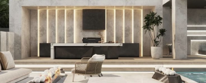 Açık hava mutfağı ve barbekü alanı, modern mermer detaylar ve sıcak aydınlatma