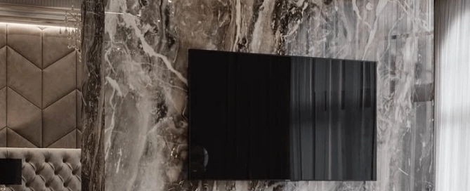 Mermer kaplı TV ünitesi ve modern şömine tasarımı