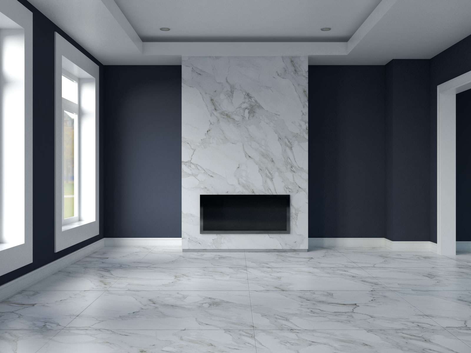 charcoal-blue-walls-and-carrara-marble-floors